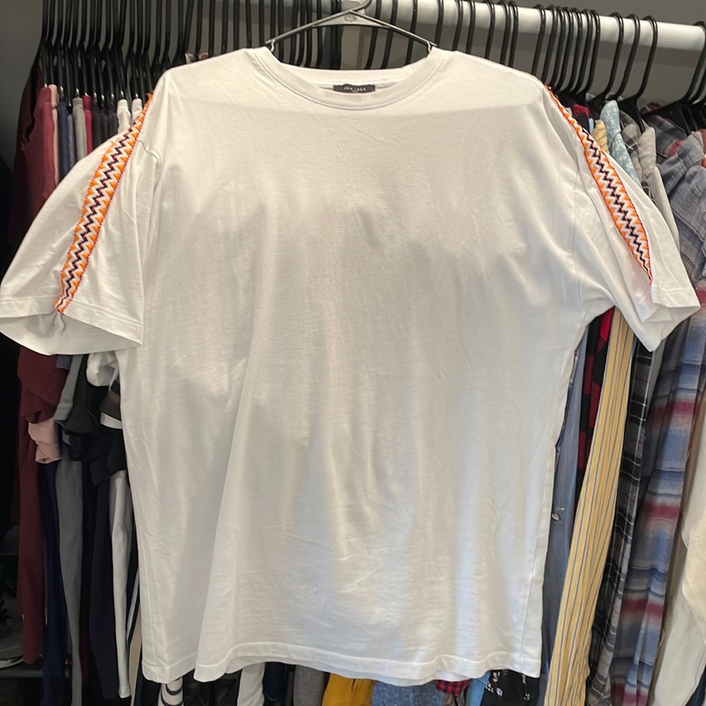 White mens short sleeve T-shirt. Decorative sleeves.